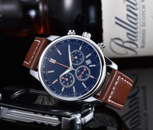 2024 Luxury Chronograph Quartz Three-Eye Dial Multi-Function Running Second Fashion Business Sports Calender Rostfritt stål och band Remmar Mänklocka