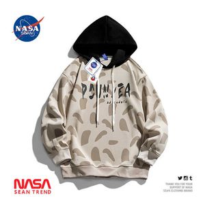 Moletons masculinos com capuz NASA Co marca Fake Two Full Print Hoodie Mens Moda Oversize Hong Kong Solto Casual Pulôver Top