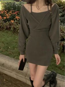 Kleid Langarm Minikleid Damen Fake 2 Stück Einfaches Design Sanftes Neues Herbst Streetwear Eleganter französischer Stil Beliebte schicke Vestidos