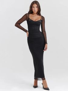 Klänning Mozision Elegant Sheer Long Sleeve Bodycon Maxi Dress for Women Fashion Mesh Black Strapless Backless Club Party Sexig klänning