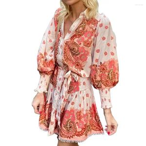 Casual Dresses Long-sleeved Printed Dress Colorful Floral Print V Neck Mini With Lace-up Detail A-line Silhouette For Women Fall