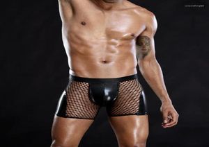 Underbyxor Mens Patent Leather Sexy Black Breath Boxer Underwear Gay Lingerie Mesh Transparent5467008