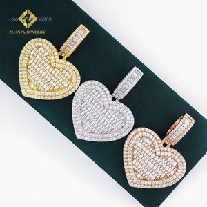 Hip Hop Iced Out Baguette Moissanite Diamond New Design Sterling Sier Engravable Hollow Heart Pendant