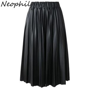 Dresses Neophil 2023 Winter Ladies Black Pu Faux Leather Skirts Midi Pleated High Waist Vintage Basic Midcalf Women Longa Saia S1927