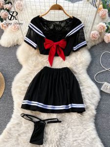 Suits SINGREINY Japanese Style Sweet Erotict Suits Female Short Sleeve Bow Tops+Pleated Mini Skirt Lingerie 2023 Women Sheer Sexy Sets