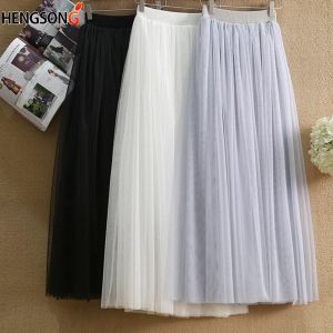 Dresses 2 Layers Midi Summer Tulle Skirt Women 2022 Ladies Casual White Black High Waist Pleated Sun School Long Skirt Female