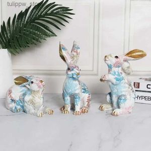 Decorative Objects Figurines Nordic creative gifts painted rabbits cute wild animal rabbits resin handicraft ornaments home decoration accessories.L240306