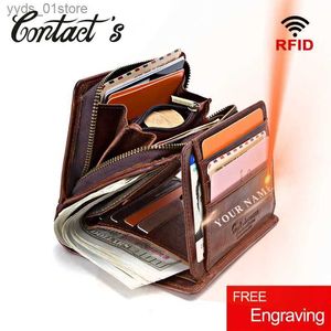 Money Clips % Genuine Leather Men Wallets Zipper Engraving Coin wallet Short Male Money Bag Quality Rfid Walet Small Card Holder Clutch L240306