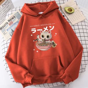 Sweatshirts Harajuku Cat Neko Noodles Ramen Print Kläder Kvinnor Harajuku Personlighet Hoodies Bekväma trendiga huvtröjor Hip Hop Tops