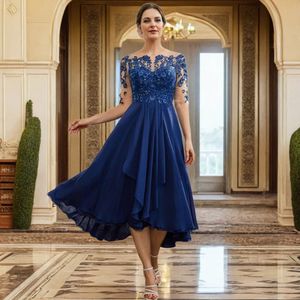 Elegant Tea Length Chiffon Mother Of The Bride Dresses Lace Appliques Half Sleeves Dark Navy A Line Wedding Guest Dress For Women 2024 Plus Size Groom Mom Formal Wear