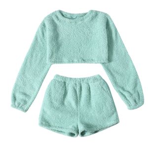 Sets Shorts+Crop Top Women 2PCS/Sets Sexy Fluffy Suits Velvet Plush Sleepwear Tracksuit Casual Sports Set Overalls Sweatshirts