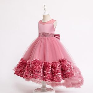 Vestidos de meninas de flores vermelhas vermelhas rosa 2024 Flores artesanais 3D sem costas Tulle Treine Length A Line Little Girl Birthday Graduation Wedding Party Vestidos 403