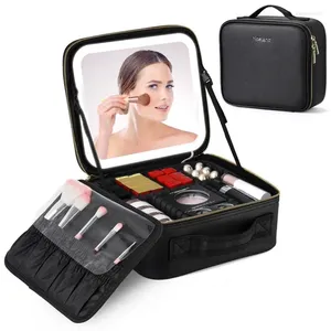 Borse per cosmetici Custodia per trucco da viaggio con borsa portaoggetti per specchio illuminato Organizzatore per artisti Light-Up PU