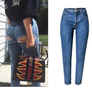 Jeans kvinnor smala plus size blå denim byxor 2021 streetwear ass hål rumpa rippade jeans kvinnliga hög midja raka jeans sexiga byxor