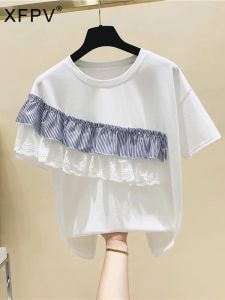 T-shirt XFPV donna pizzo a righe patchwork increspato cotone Top Y2k maglietta nuovo girocollo manica corta dolce Corea marea estate 2023 SM2772