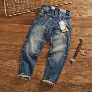 Herr jeans 14 oz tungvikt selvedge denim kläder mustasch tvättade nödställda retro byxor casual slitbyxor lös avsmalnande
