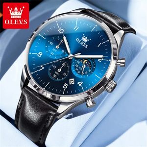 Olevs Classic Quartz Watch for Men Chronograph Moon Phase Leather Strap Waterproof Luminous Fashion Mens Armswatch 240227