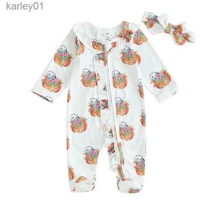 Footies Pudcoco Infant Baby Girl Fall Outfit Långärmad Pumpkin Flower Print Footies Jumpsuit med pannband Halloween kläder YQ240306