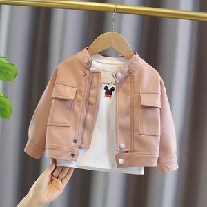 Spring Autumn Kids Fashion Leather Jacket Baby Girls Pink Cardigan Zipper Coat Children Casual Outerwear Fur Clothing 27Years 240306