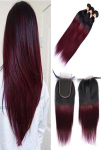 Brazilian Ombre Burgundy Human Hair Bundles With Closure Colored 1B99J Brazilian Straight Virgin Hair Weave Extensions With Lace 9860833