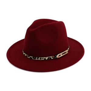 Lady Panama Fedoras ull kände breda brimjazz fedora hattar för kvinnor trilby derby gambler hatt med leopard tryck läder spänne250z