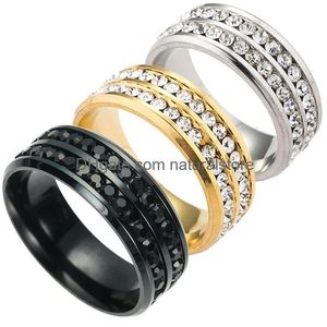 With Side Stones Korean Stainless Steel Rings 2 Row Fl Crystal Stones Rhinestone Diamond Tennis Wedding Ring For Women Fashion Jewelr Dhpl0