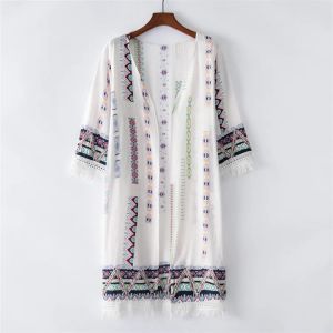 Shirt Bohemian Style 2023 Summer P Long Cardigan Kimono Tops Casual Boho Hippie Embroidery Tassel Ladies Shirts Women Tops