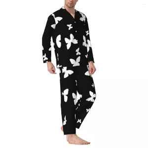 Mäns sömnkläderfjärilspyjama sätter svarta och vita fjärilar söta manliga långärmad estetiska hem 2 stycken kostym plus storlek