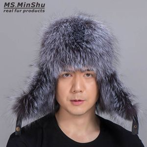Rysk stil unisex silver räv päls hatt med fårskinn läder yttre skal vinter öronflap headwarmer320d