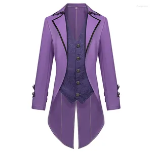 Casacos de Trench Masculinos Mens Roxo Steampunk Jaqueta Gótica Manga Longa Botão Retro Victorian Tailcoat Smoking Uniforme Homens Festa Halloween