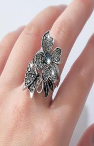 Wedding Rings Bohemian Ethnic Style Black Butterfly Flower Ring Luxury Noble Sea Blue Crystal For Women Unique Punk Jewelry Gift2618535