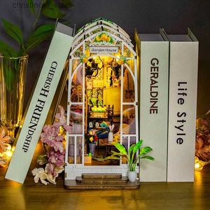 Architecture/DIY House DIY Garden House Book Nook Shelf Insert Miniature Building Kits Wooden Flower Garden Room Bookshelf with LED Lights DollHouse