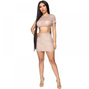 Suits Women 2 Pices Set Crop Top Mini Kjol Sexig Slim Women Club Party Outfits Two Piece Set Sparkly Dress Skirt Set