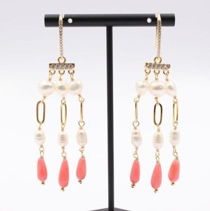 Dangle Chandelier Jóias Natural Branco Pérola Rosa Coral CZ Pave Brincos de Gancho Para Mulheres Lady GiftDangle9615518