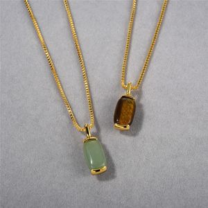 Temperamento minimalista Versatile catena in ottone placcato oro reale 18k Dongling verde occhio di tigre ciondolo in pietra catena clavicola catena maglione per le donne Spedizione gratuita