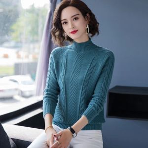 Pullovers Fdfklak 2023 Autumn Winter Thick Sweaters New Half High Neck Warm Bottoming Shirt Wool Pullover Tops Women Pull Femme S3XL