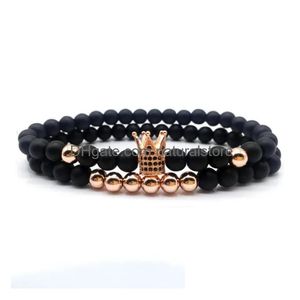 Bärade 6mm Crown King Charm Strands pärlor armband uppsättning för män kvinnor svart natursten elastisk justerbar armband par smycken gif dhatz