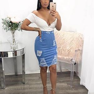 Skirt High Waist Distressed Pencil Skirt Blue Light Wash Denim Women Sexy Casual Mini Summer s 2018 Fashion Ripped Bodycon