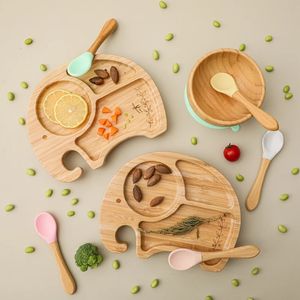 1 Set Bamboo Wooden Dinnerware Baby Feeding Accessories Cartoon Animals Elephant Dinner Plate With Sucker Baby Brithday Gifts 240306