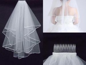Véus de casamento baratos de duas camadas com pente branco marfim com borda de cetim para acessórios de casamento véus de noiva 6760588