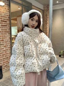 Women's Trench Coats Floarl Print Cotton Jacket For Winter 2024 Student Forest Style Short Thick And Loose Coat