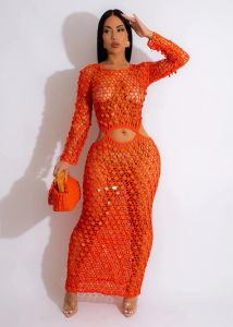 Dress Sexy Shinny Sequined Knitted Long Dress Women Summer 2023 Elegant Hollow Out See Through Club Beach Cover Maxi Dresses Y2K Robe