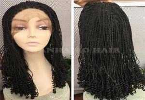 Modische kurze, verworrene, geflochtene Lace-Front-Perücken, leimlose, natürliche schwarze Perücke mit lockigen Spitzen für Afroamerikaner 7205479