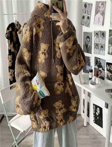 Urso de pelúcia moletom com capuz homem oversized moletom peludo solto pullovers casuais oversized agasalho primavera masculino anime roupas y1125043940