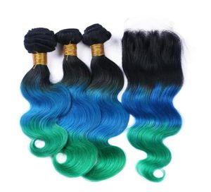 1bbluegreen ombre mänskliga hårbuntar 3st med 44039039 spetsstängning tre ton teal ombre hårförlängningar brasilianska bod53354798326491