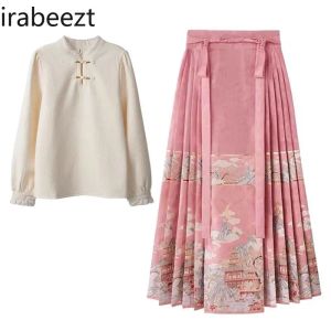 Suits Autumn and Winter Improved Ming Dynasty Hanfu New Chinese Stand Collar Shirt National Style Horse Skirt Suit Robe Chinoise