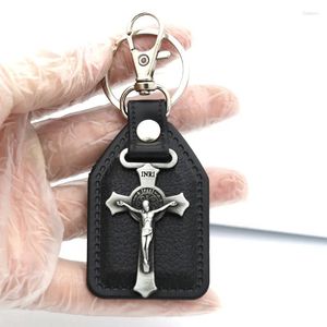 Keychains 빈티지 가톨릭 종교 사업 키 링 버진 메리 산 유다 타 데오 세인트 베네딕트 블랙 메탈 푸 가죽 키 체인 gif