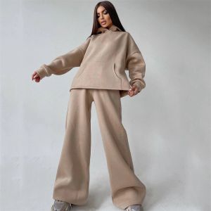 Ternos feminino lã de tracksuit de duas peças definido com capuzes de inverno+calças pulsões moletons fêmeas trajes esportivos de jogging roupas chandals