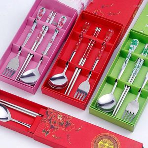 Forks Three Piece Set Of Stainless Steel Printed Tableware Chinese Spoon Fork Chopsticks Gift