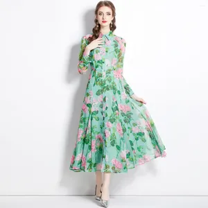 Casual Dresses Spring Fall Runway Fashion Single Breasted Floral Print Elegant Maxi Women Long Sleeve Elbise Boutique Robes